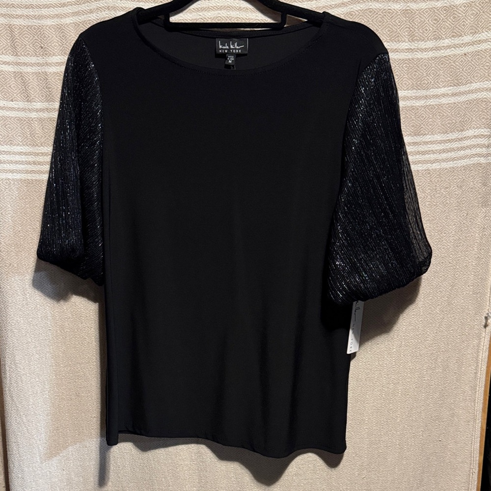 Nicole Miller Black Blouse with Textured Sleeves